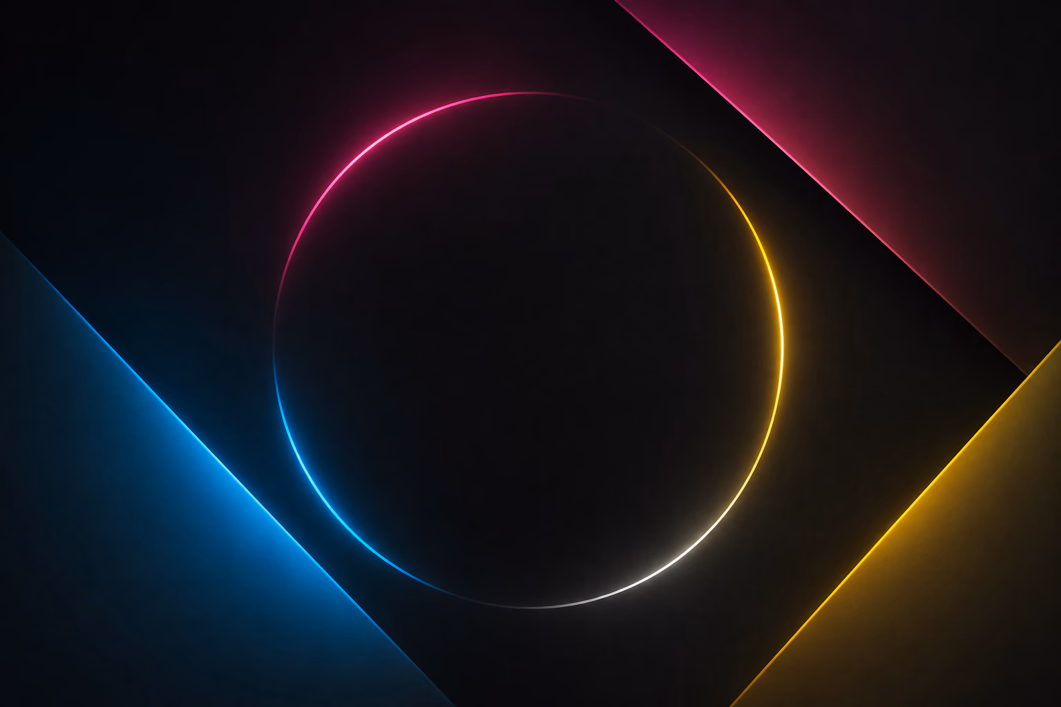 Abstract CMYKForge graphic of a glowing cyan, magenta, yellow and white ring on a dark field bordered by diagonal color bands