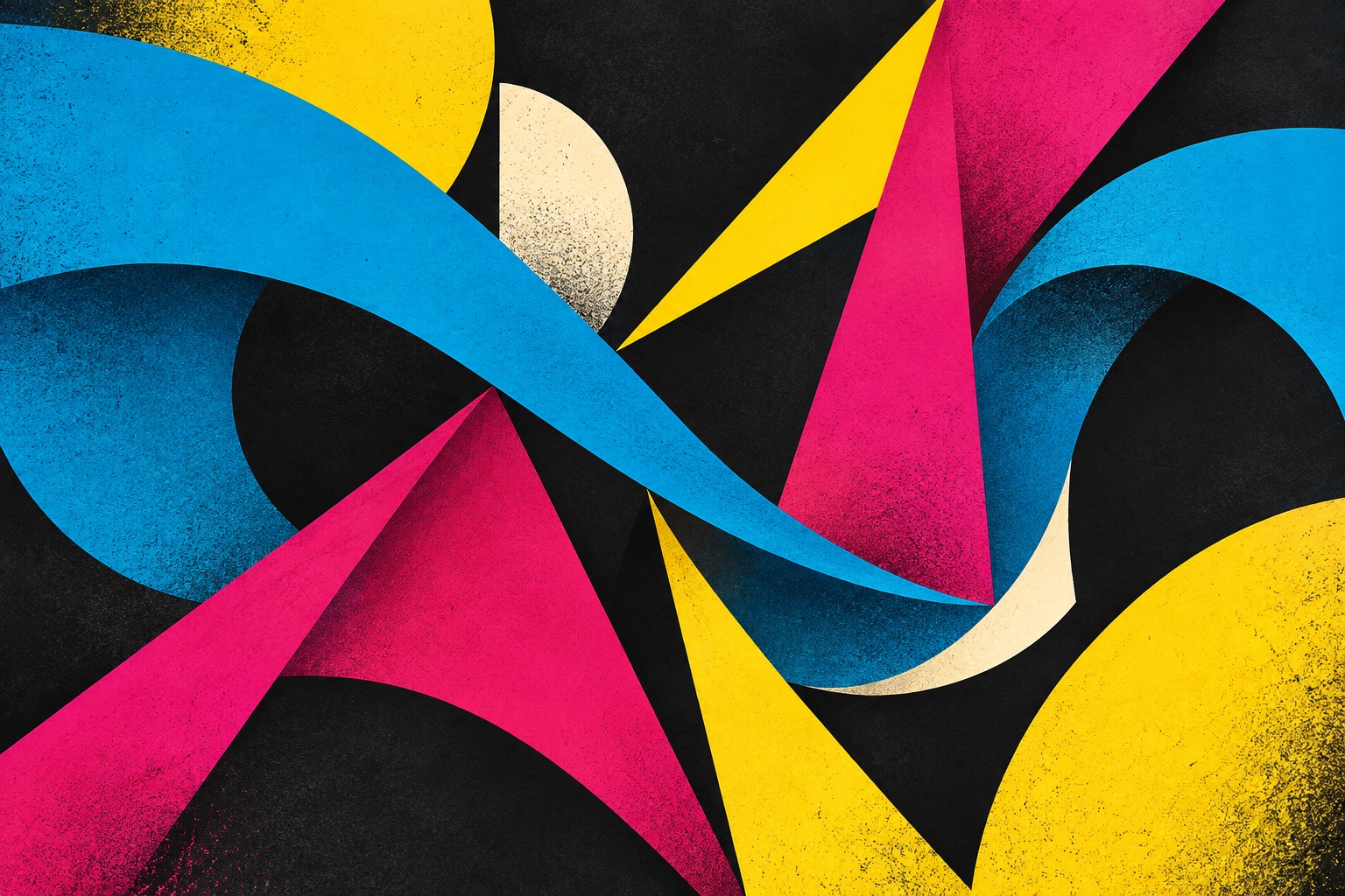Sweeping cyan ribbons interwoven with magenta folds, yellow wedges and ivory cutouts on a textured charcoal background