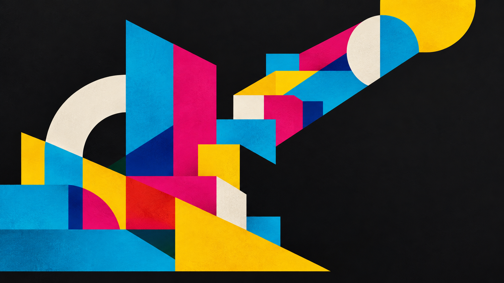 Interlocking cyan, magenta, yellow and ivory geometric planes on charcoal, forming an abstract foundation for color