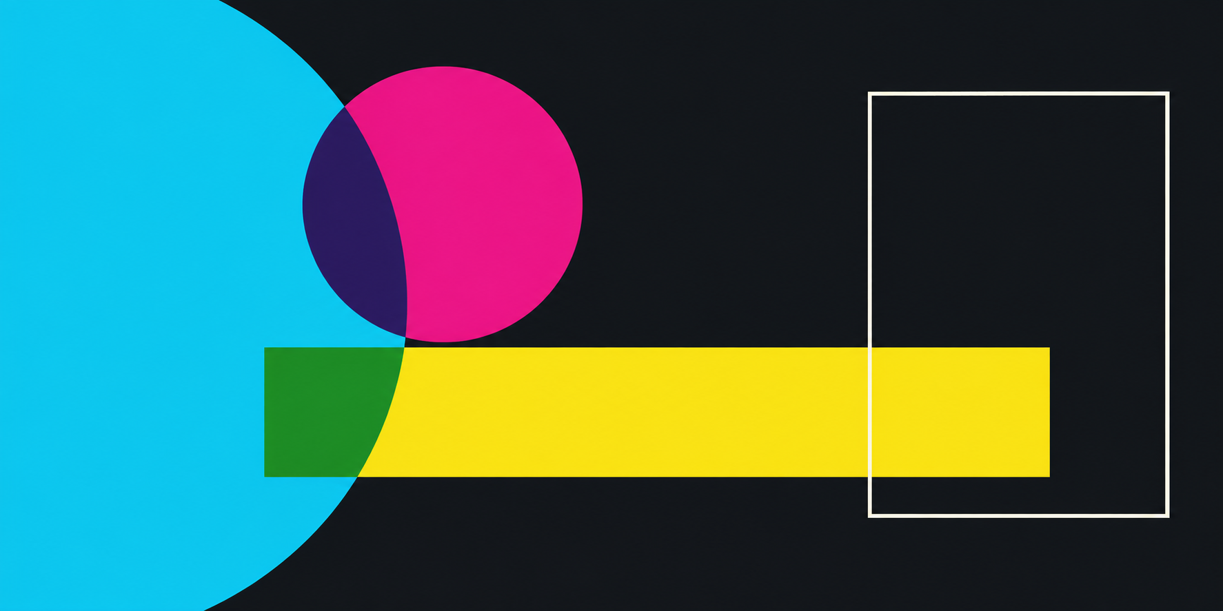Overlapping cyan and magenta circles, a yellow rectangle, and a white outlined frame on a charcoal background